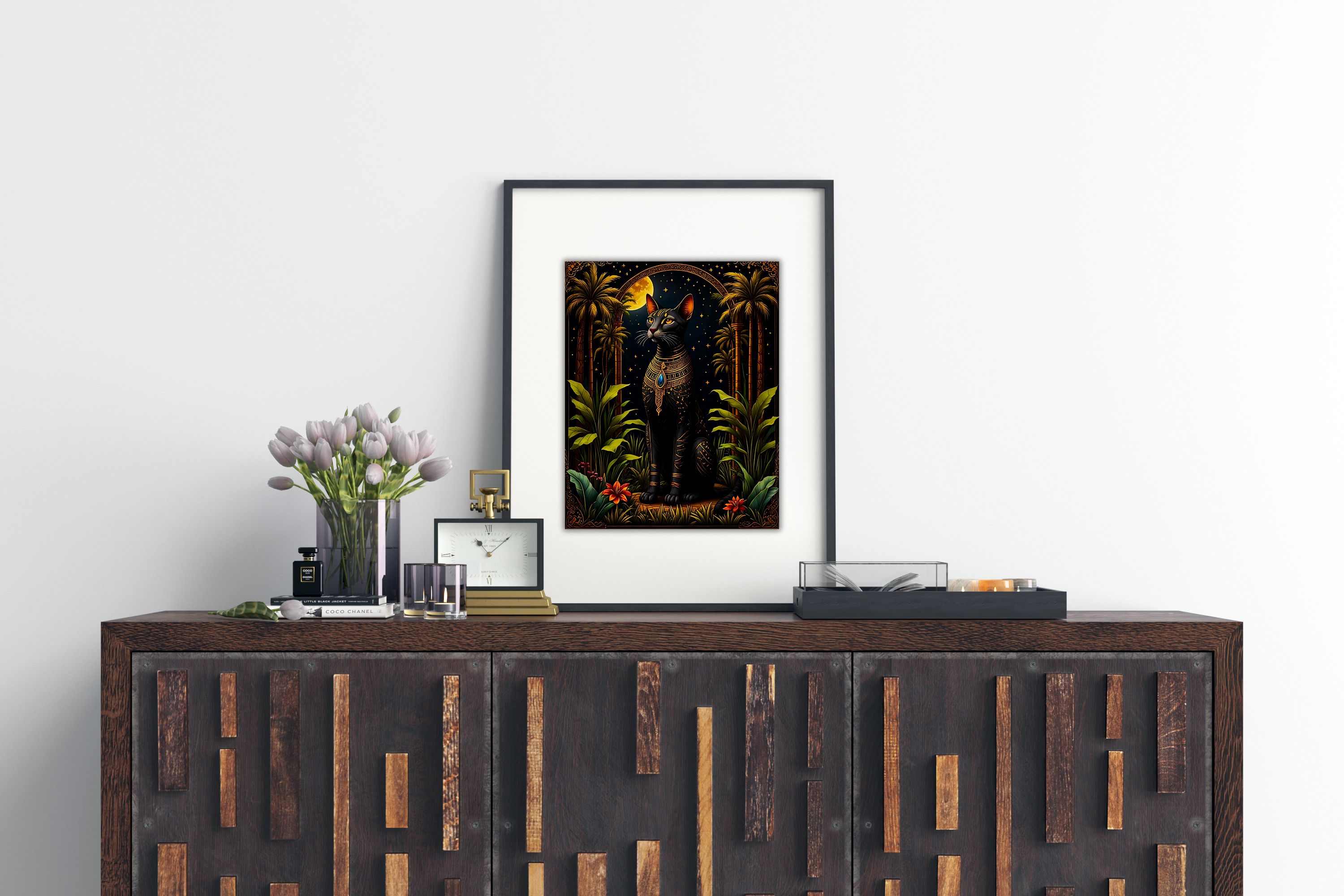 Bastet Art Print: Egyptian Black Cat Goddess, Tropical Night