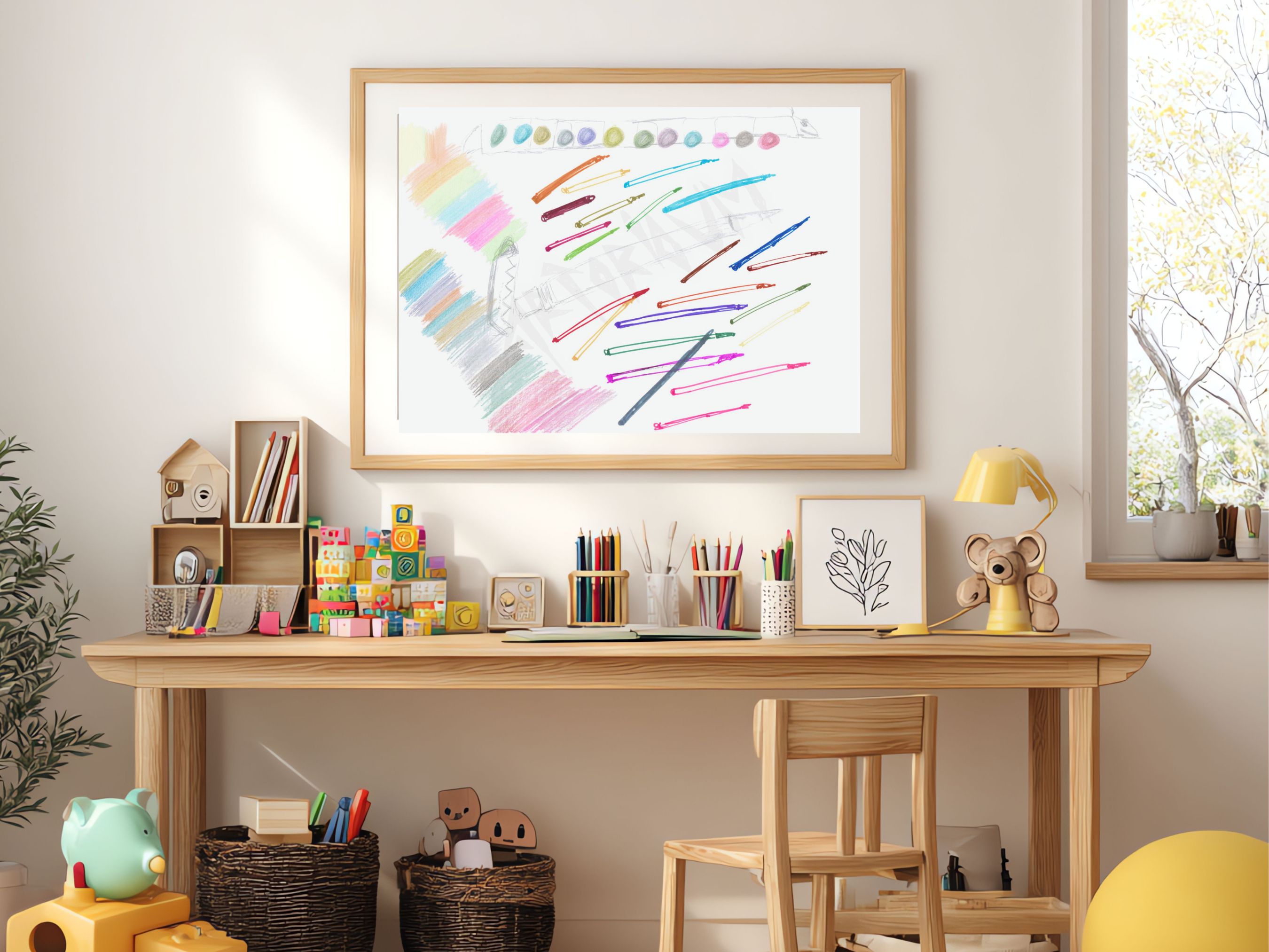 Colorful doodle art print pens and pencils