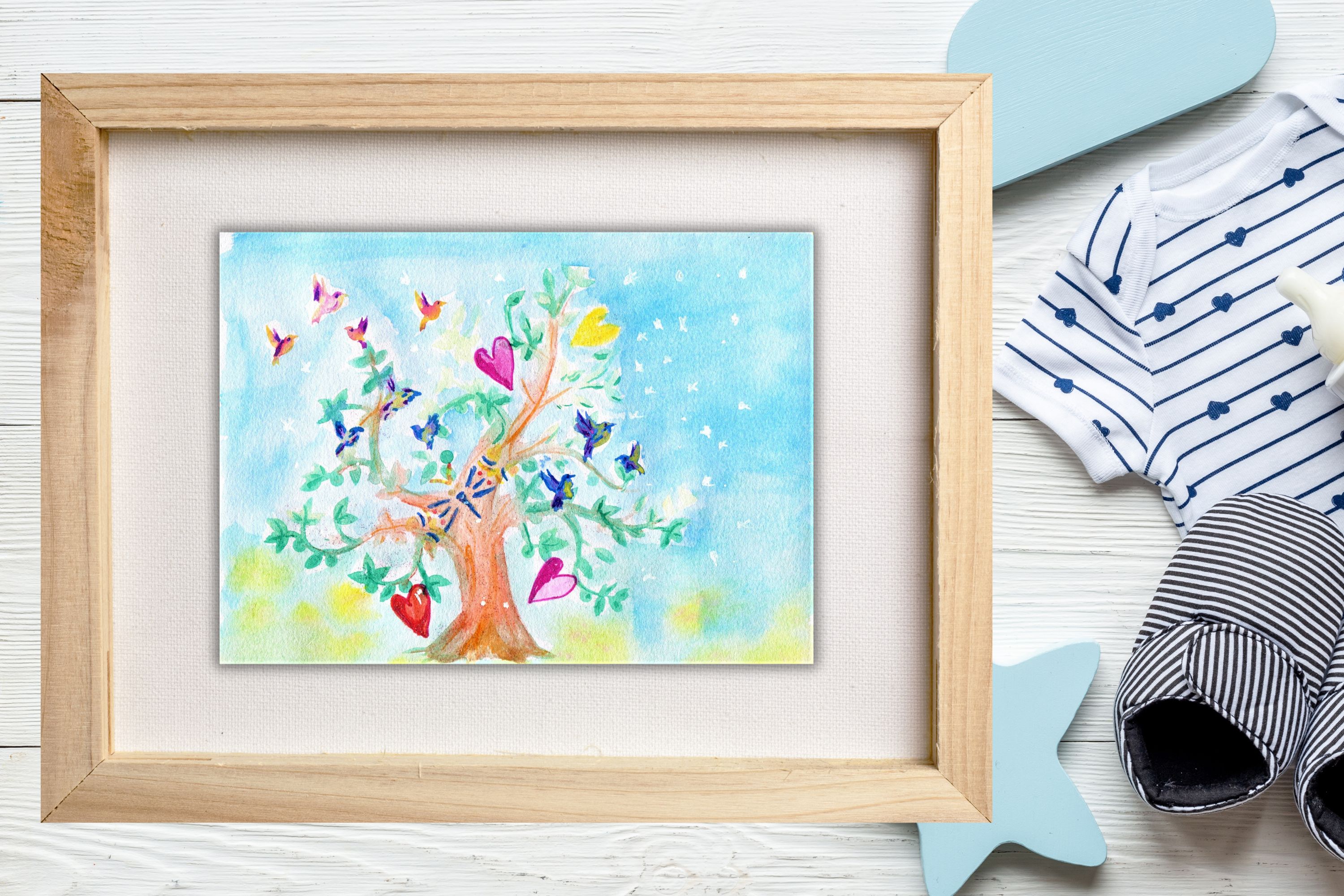 Birds and hearts in a naive watercolor mixed media illustration art print