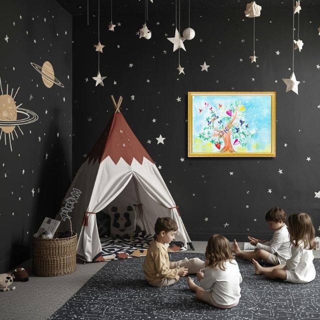 Birds and hearts in a naive watercolor mixed media illustration art print