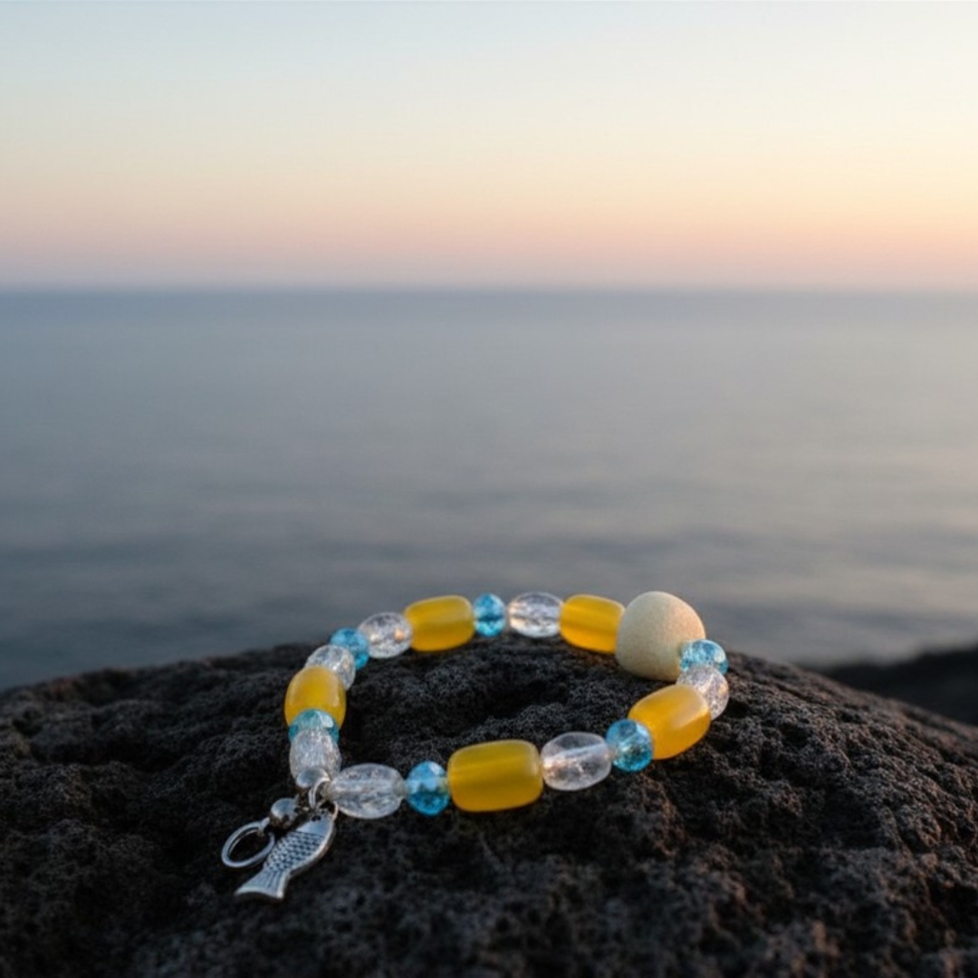 Sun sand and sea Bracelet - beaded knotted - Yellow and blue - inspirational Jewellery