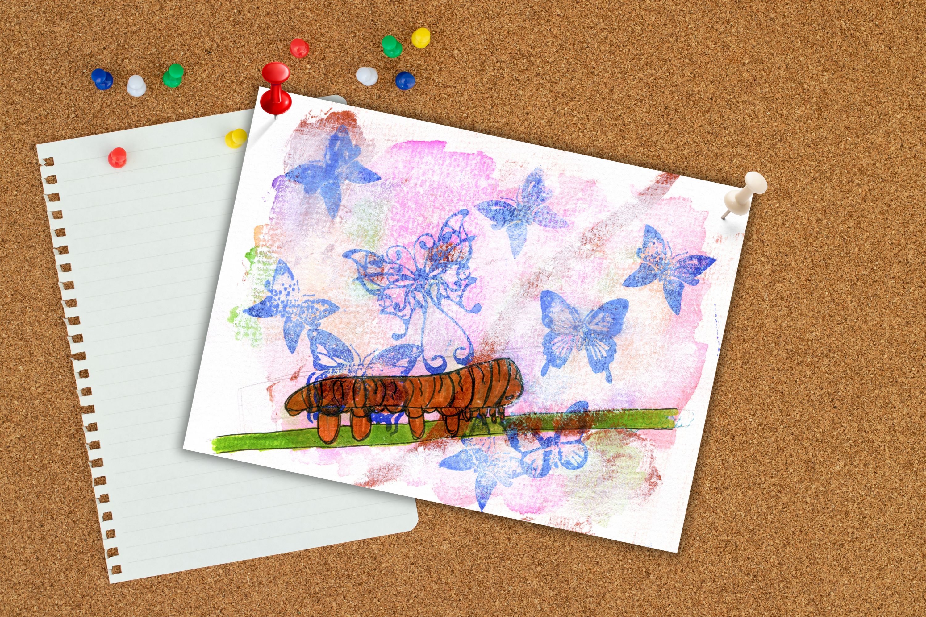 Caterpillar and butterflies mixed media art print