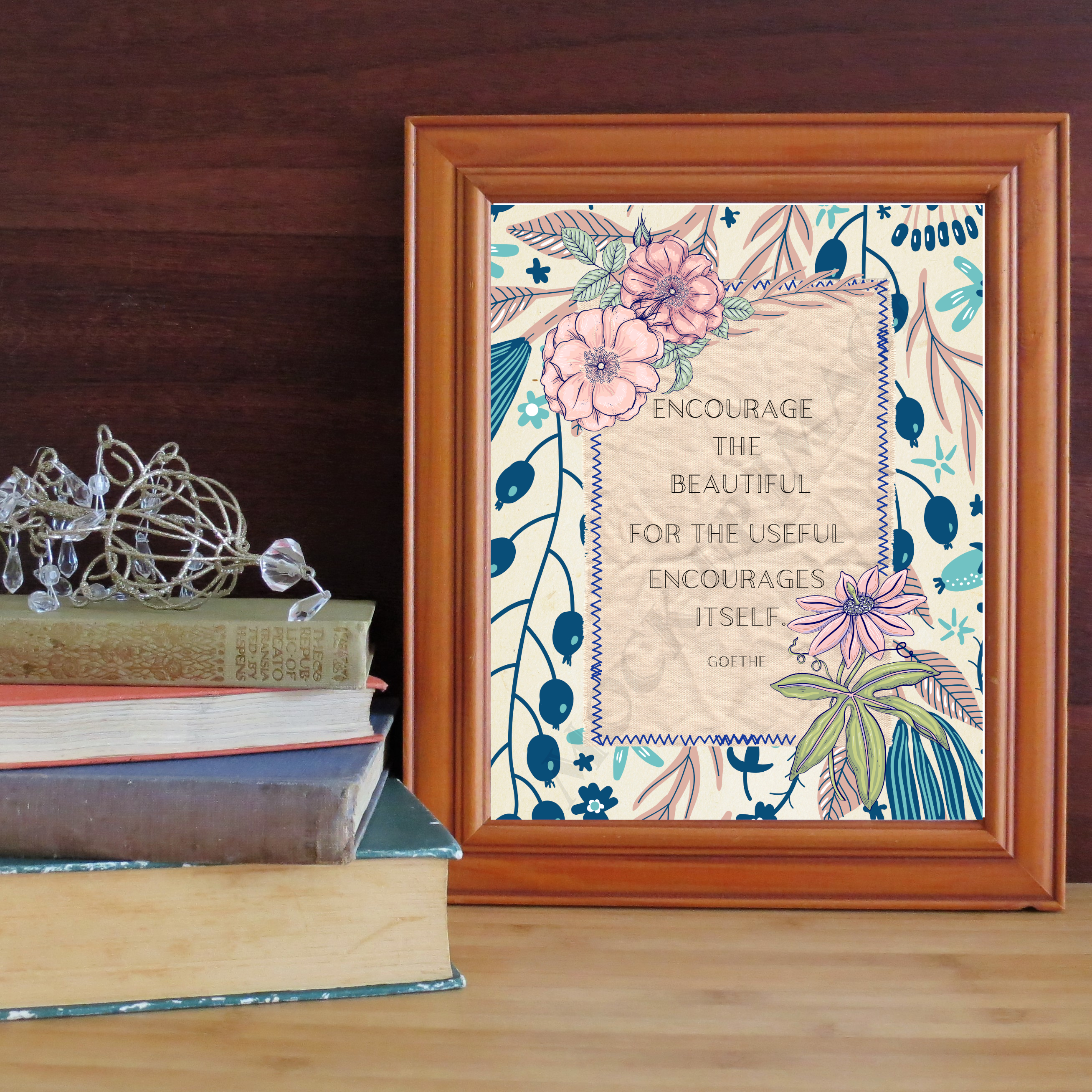 Goethe Quote Print: Linen look Collage, Country Home Decor