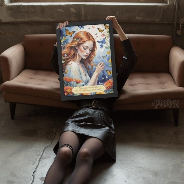 Red Hair Girl Art Print: Butterflies, Flowers, Goethe Quote