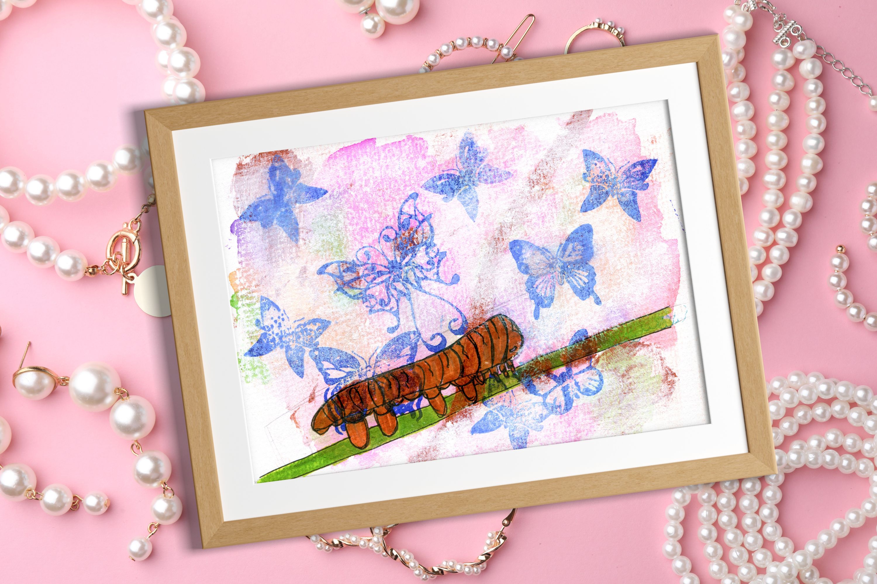 Caterpillar and butterflies mixed media art print