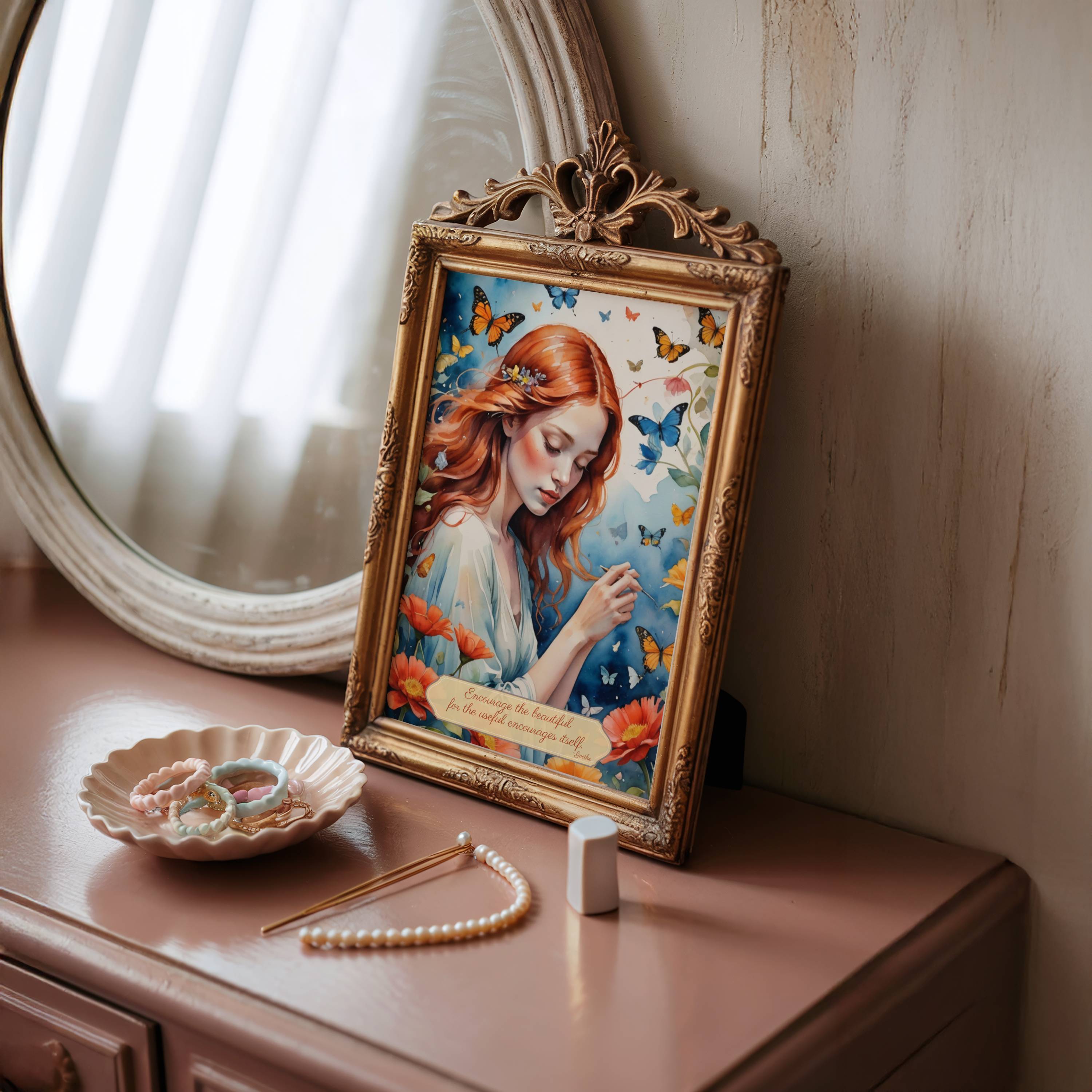 Red Hair Girl Art Print: Butterflies, Flowers, Goethe Quote