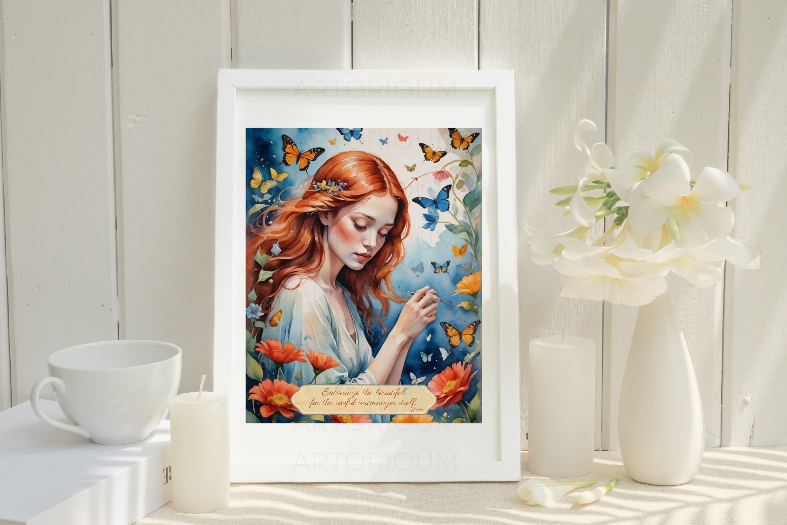 Red Hair Girl Art Print: Butterflies, Flowers, Goethe Quote