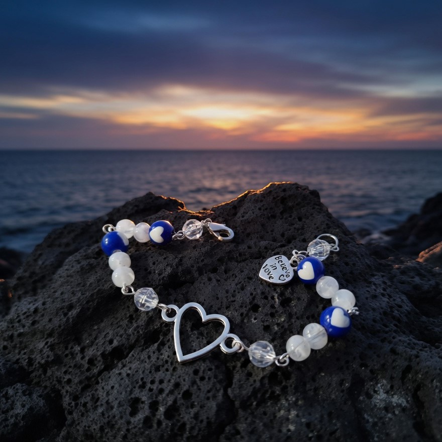 Bracelet, beaded,  heart with white and blue beads -included - Believe in love meaningful card