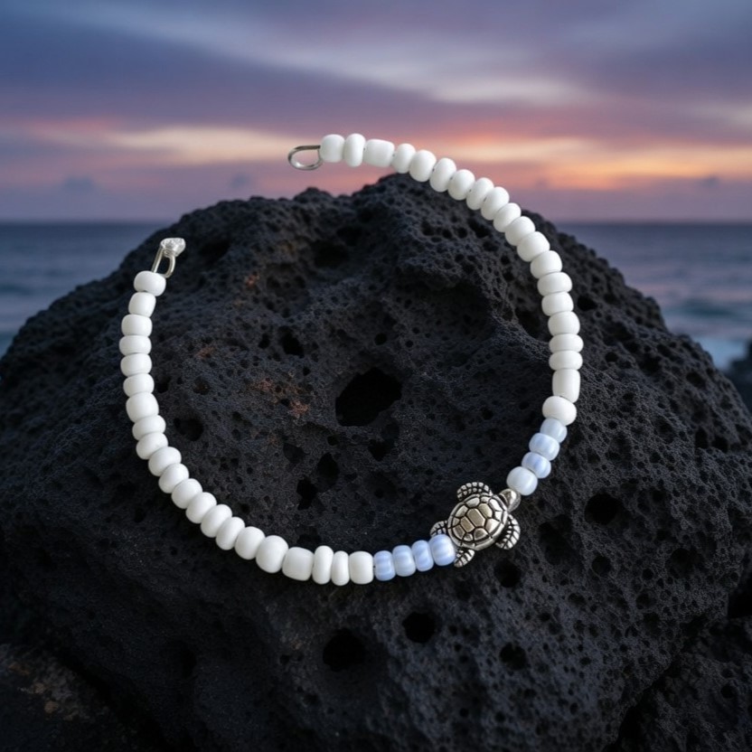 Bracelet with Turtle charm and pastel blue and white beads - beach themed
