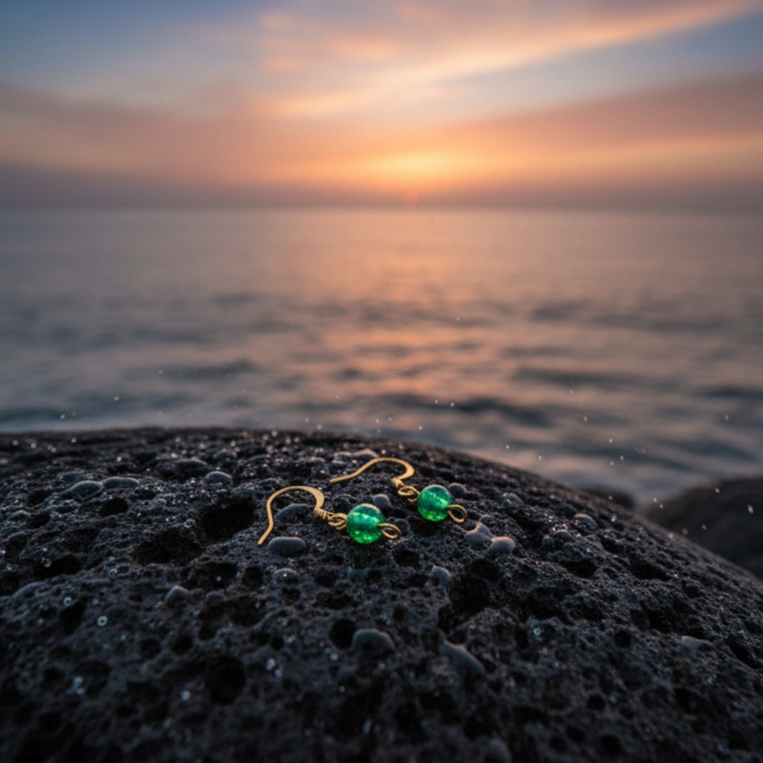 Green crushed glass bead drop earrings