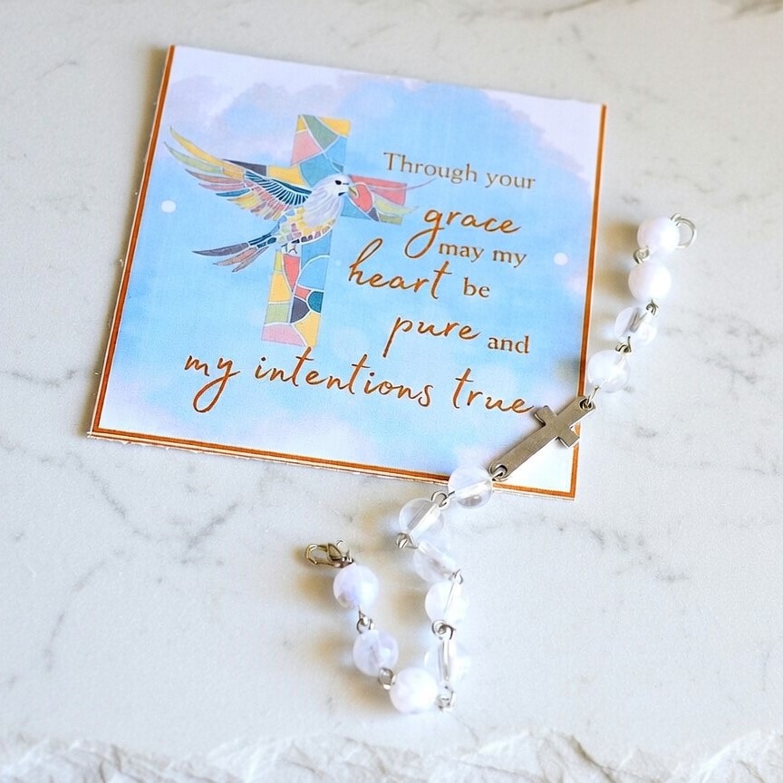 White Acrylic Rosary Bracelet with Crucifix, Spiritual Gift with affirmation card