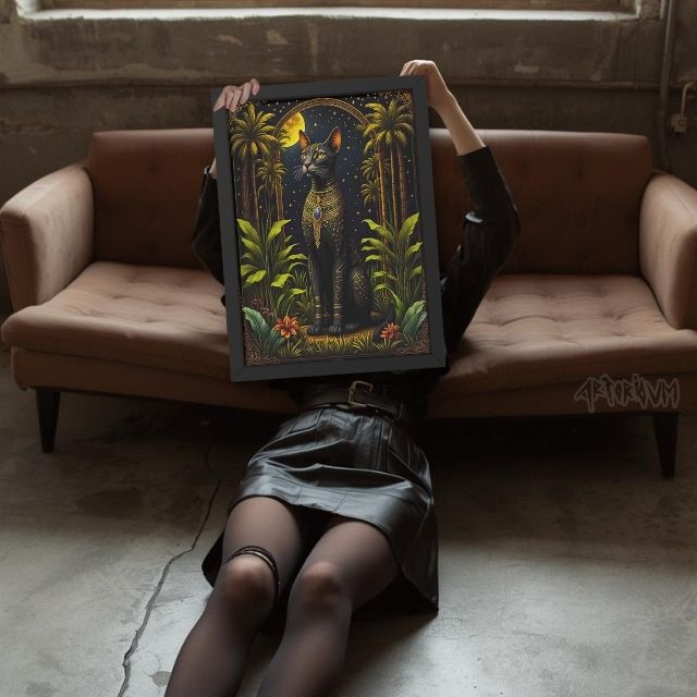 Bastet Art Print: Egyptian Black Cat Goddess, Tropical Night