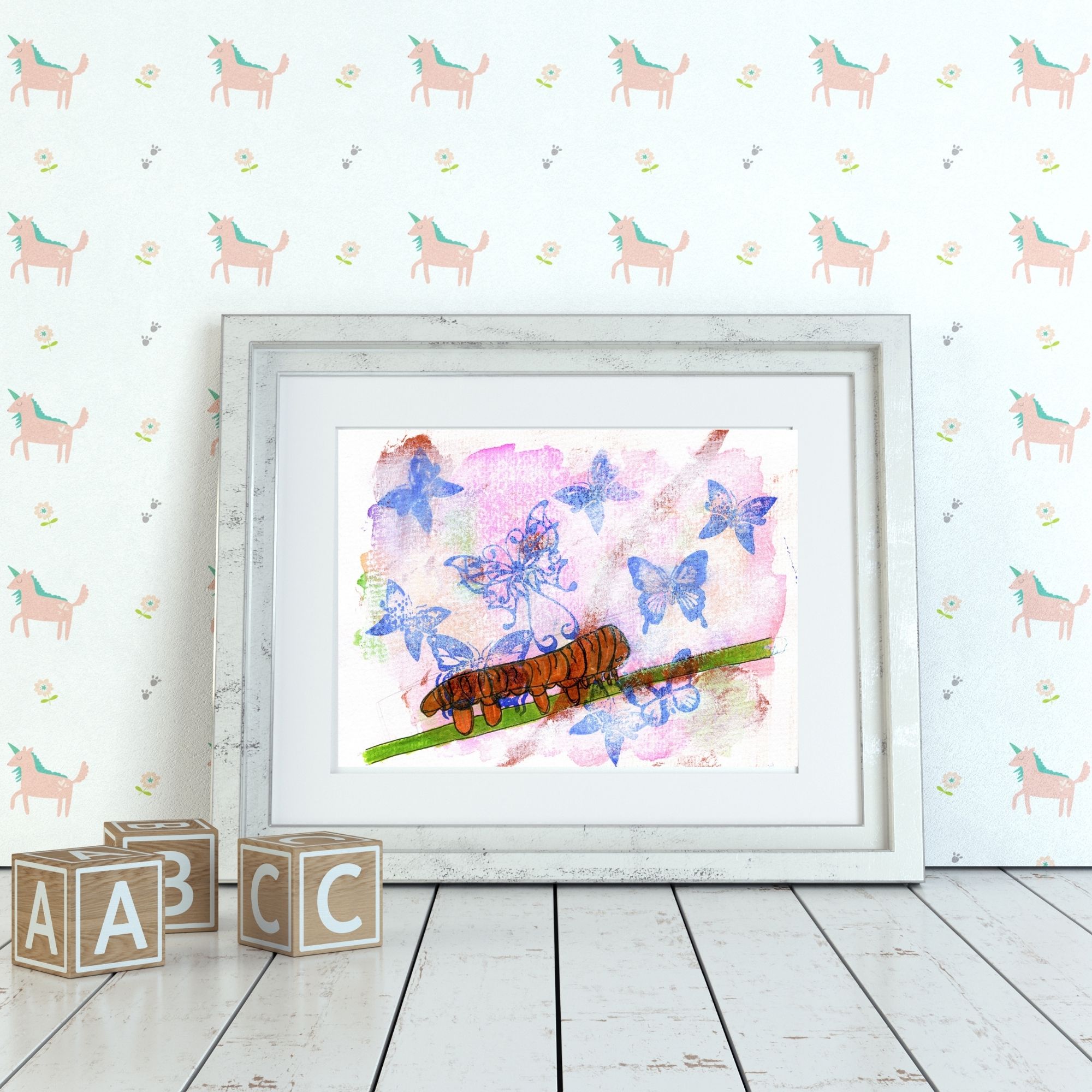Caterpillar and butterflies mixed media art print
