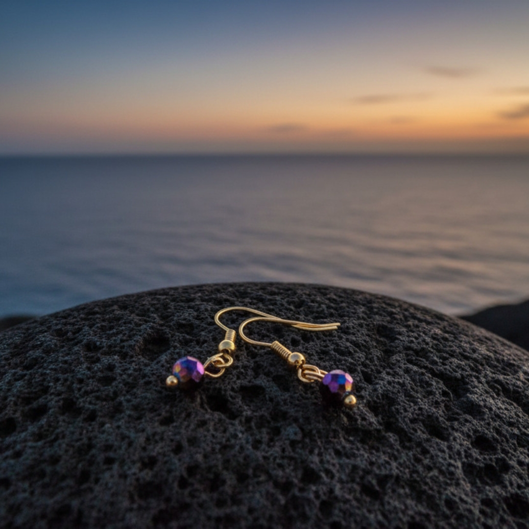 Dangle earrings - gold with purple crystal glass beads