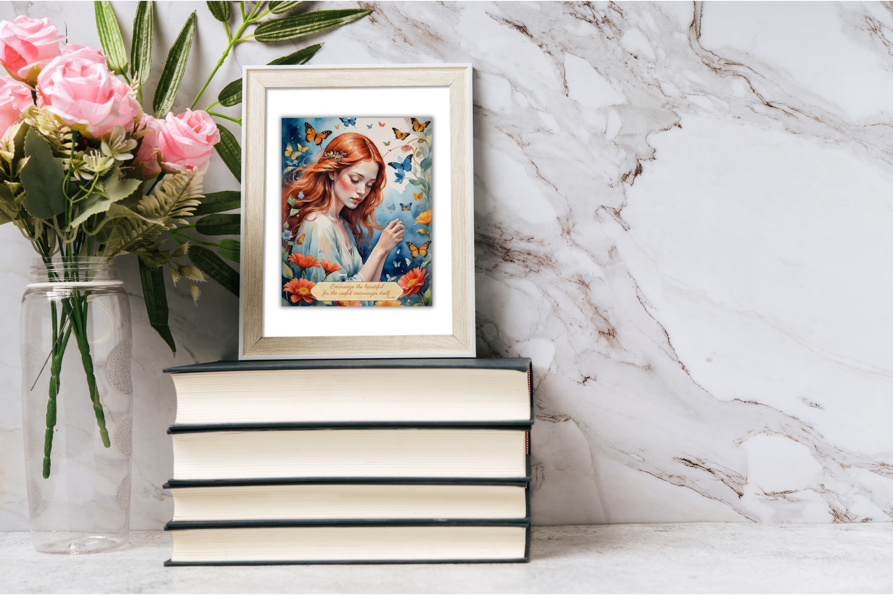 Red Hair Girl Art Print: Butterflies, Flowers, Goethe Quote