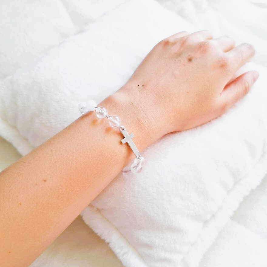 White Acrylic Rosary Bracelet with Crucifix, Spiritual Gift with affirmation card