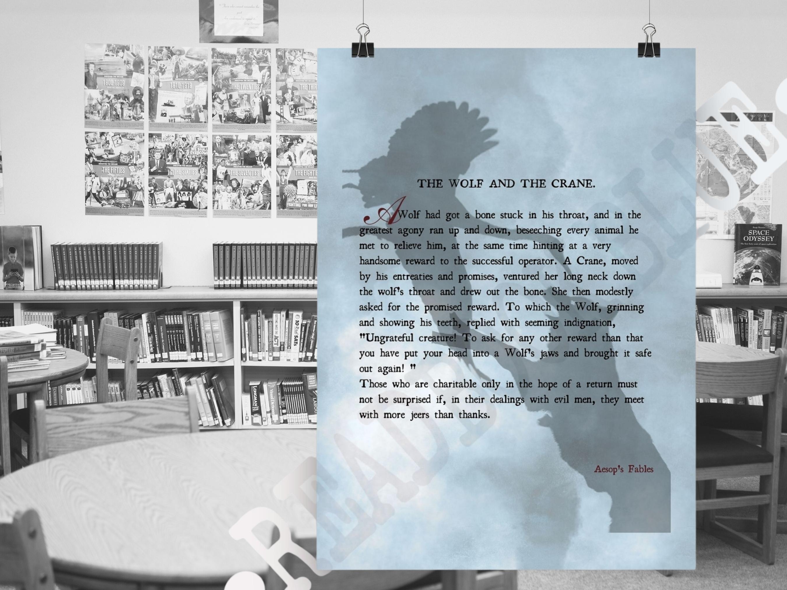 Aesop's Fables Wall Art Print - The Wolf and the Crane - Vintage Style Moral Story Inspirational Poster