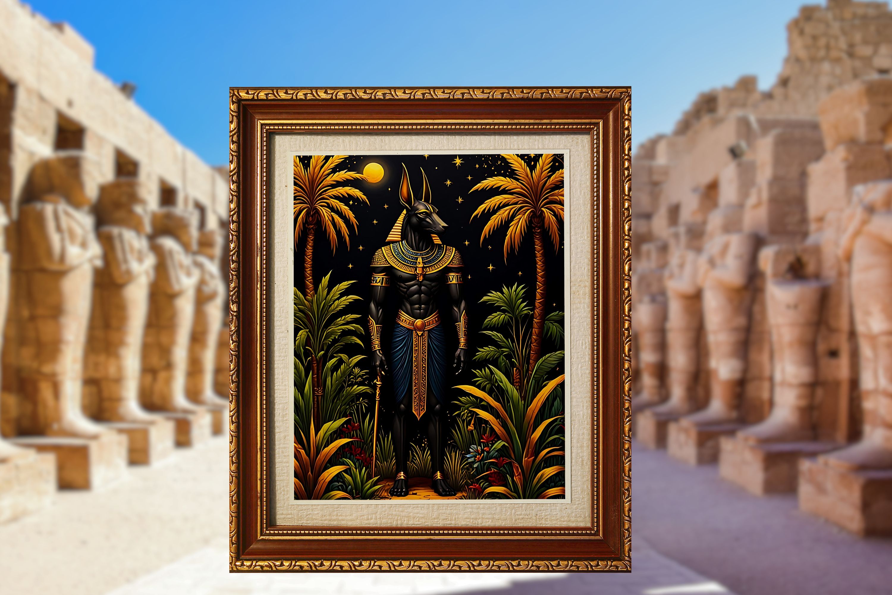 Anubis Art Print: Egyptian God, Tropical Night Sky
