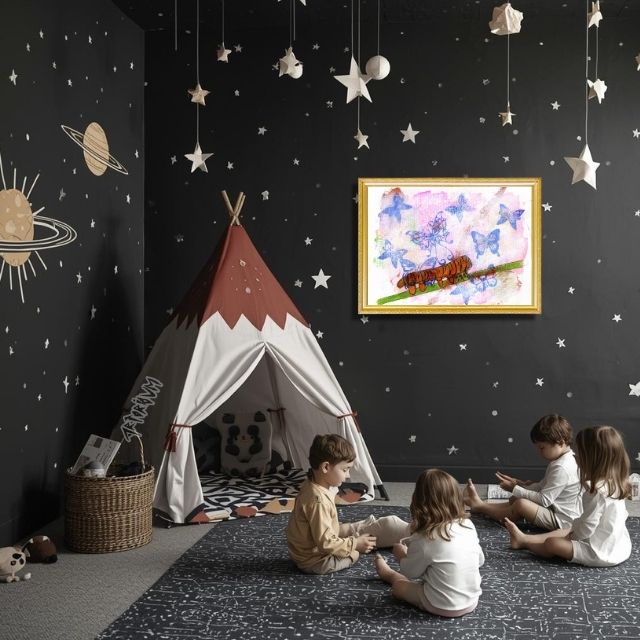 Caterpillar and butterflies mixed media art print