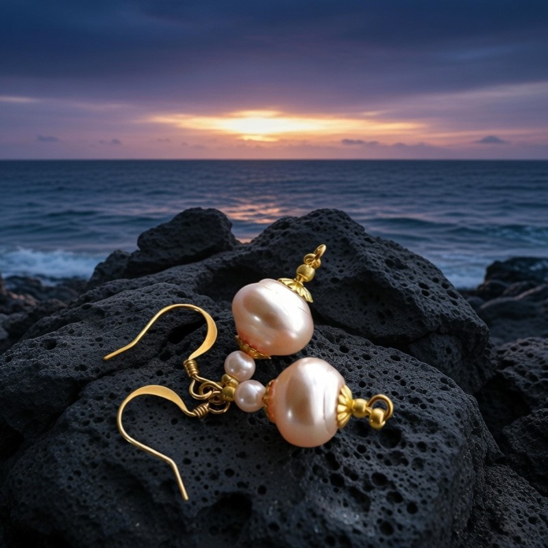 Pink glass pearl earrings with reflective card on engagement