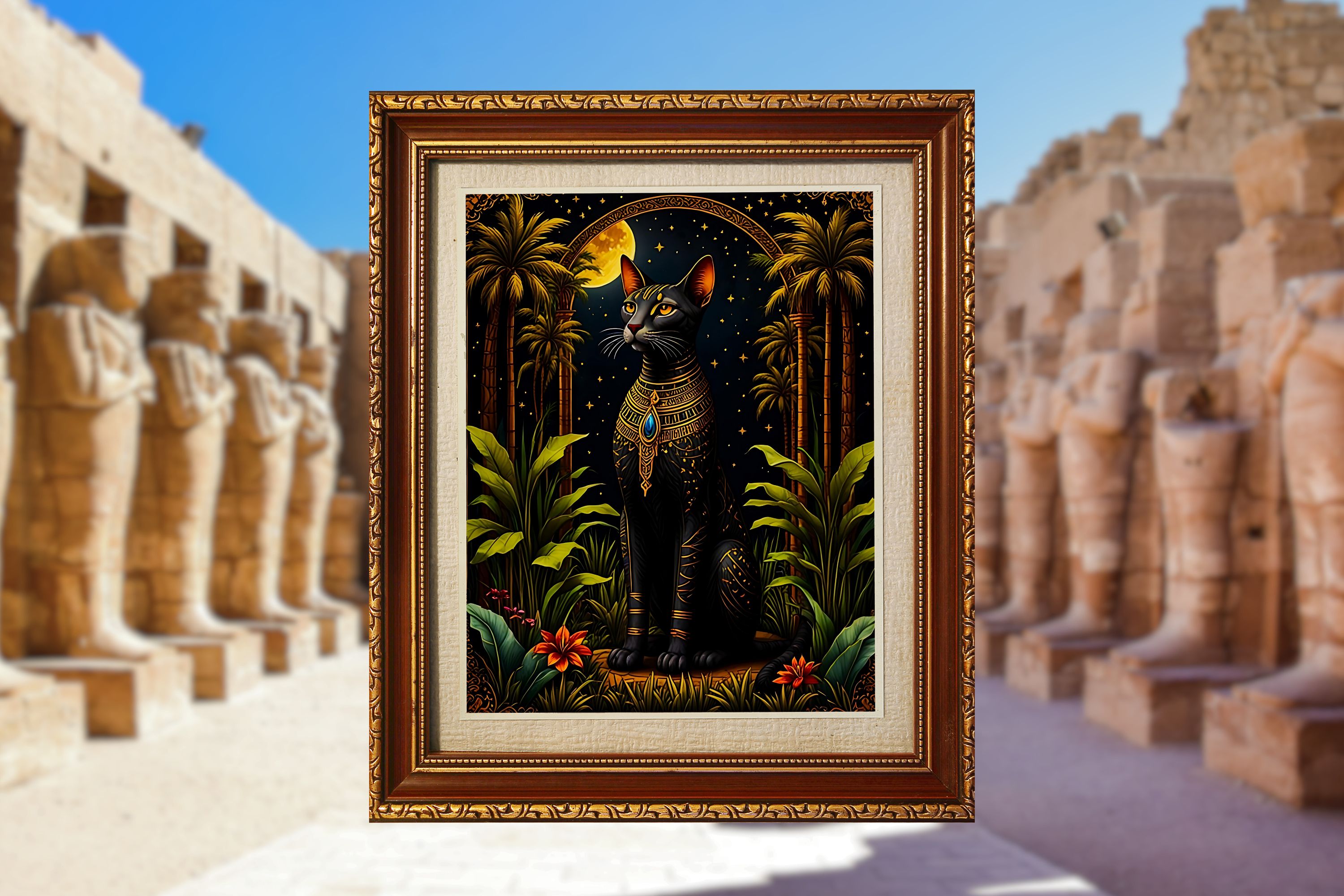 Bastet Art Print: Egyptian Black Cat Goddess, Tropical Night