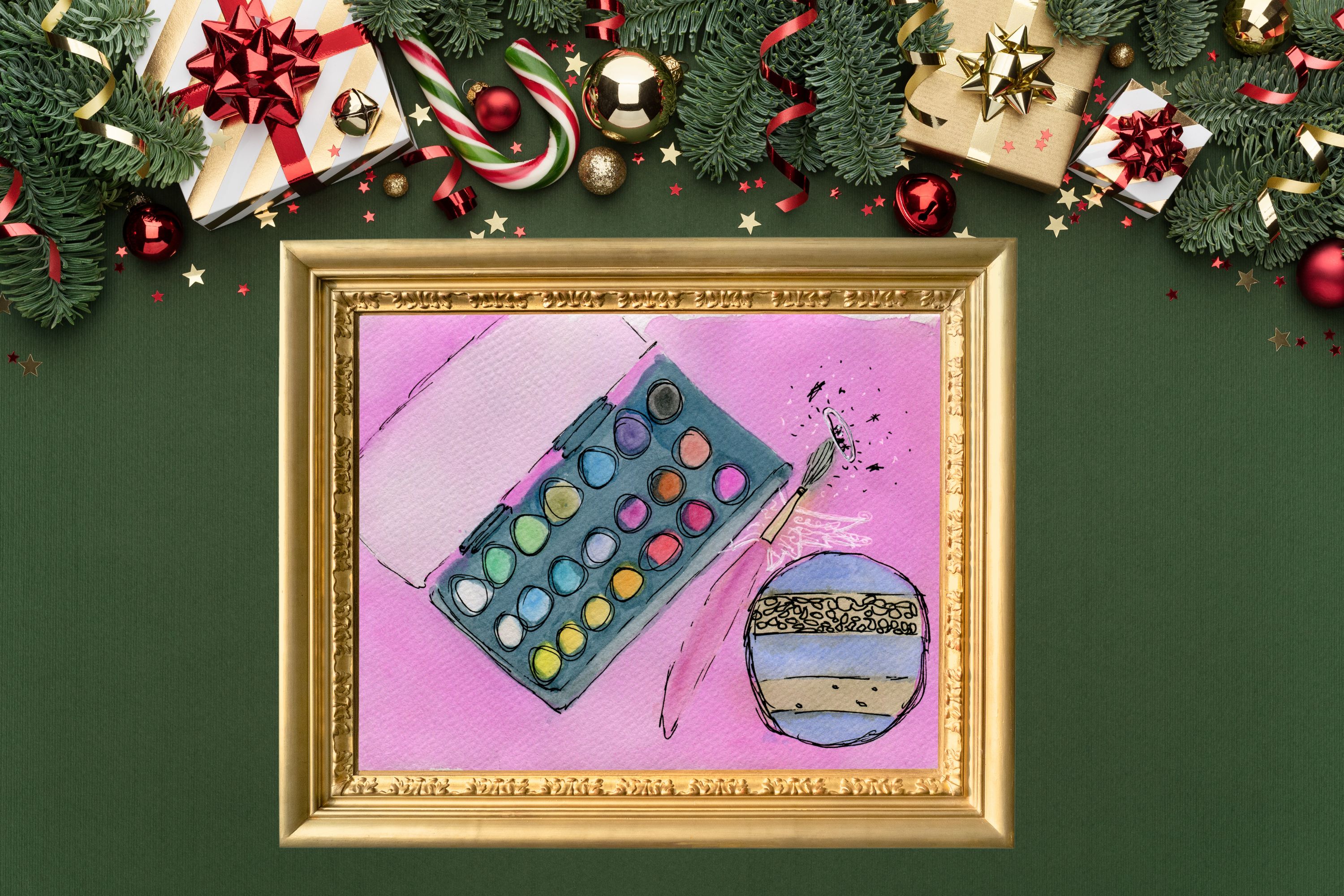 Pink Christmas Art Print: Watercolor Paint Set & Ornament