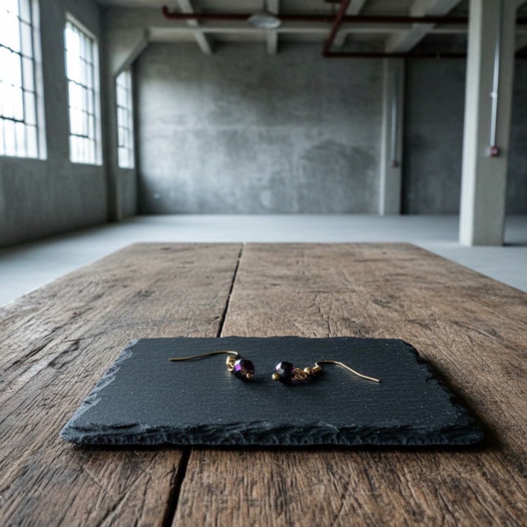 Dangle earrings - gold with purple crystal glass beads