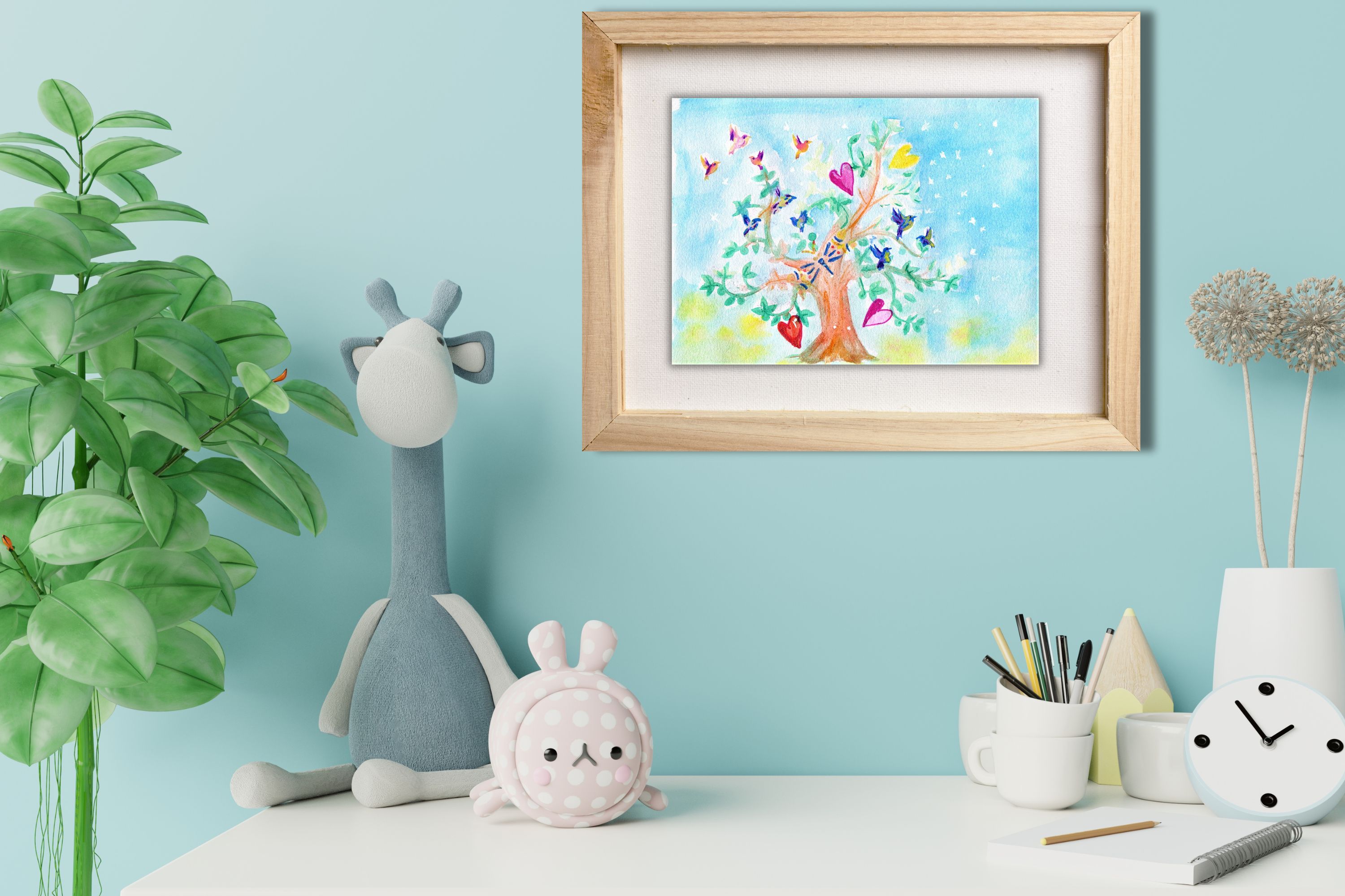 Birds and hearts in a naive watercolor mixed media illustration art print