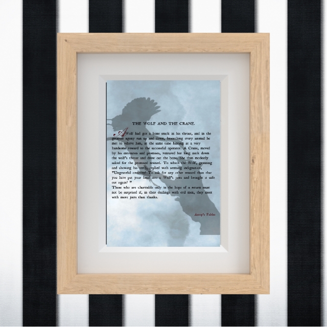 Aesop's Fables Wall Art Print - The Wolf and the Crane - Vintage Style Moral Story Inspirational Poster