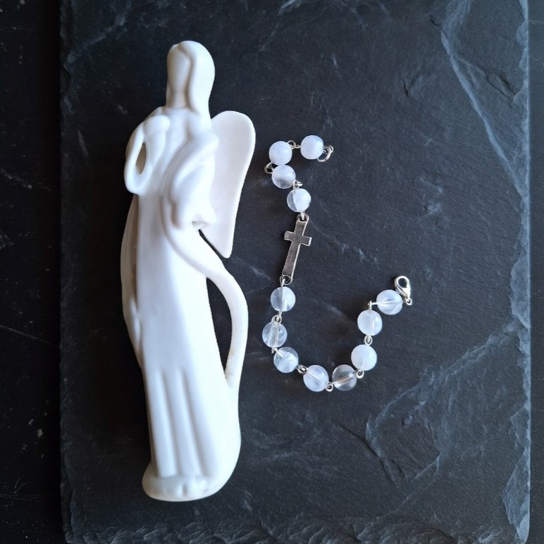 White Acrylic Rosary Bracelet with Crucifix, Spiritual Gift with affirmation card