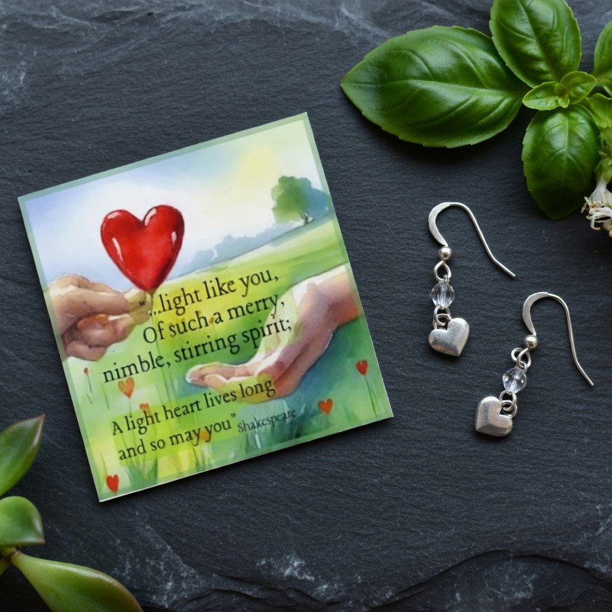 dangle earrings - dainty, lightweight silver heart with  inspirational card