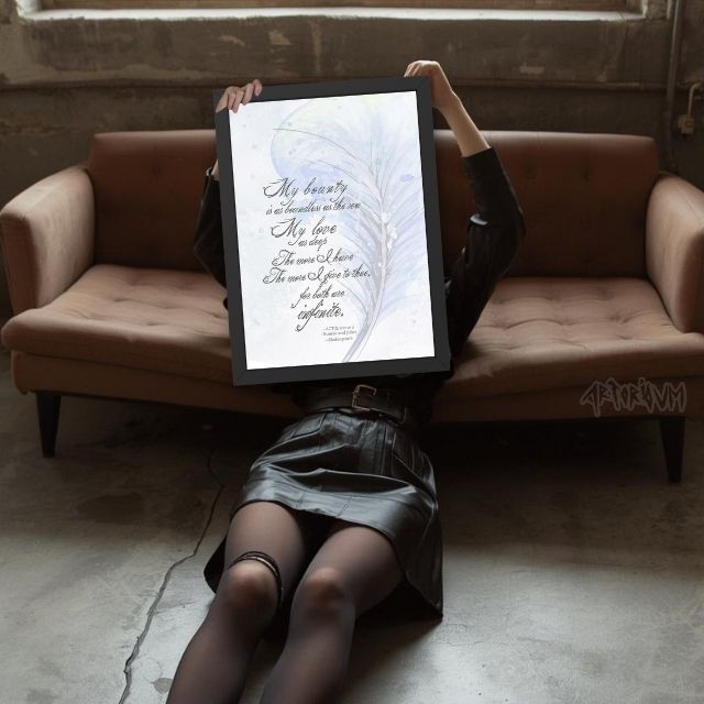 Shakespeare illustrated with a watercolor feather and blue watercolor background quote print, deep love