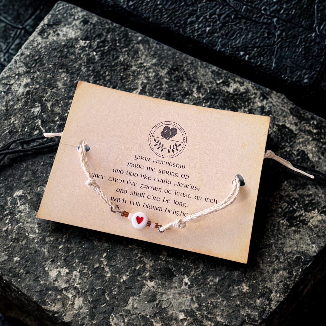 Handmade Friendship Bracelet with Heart Bead & Poetic Verse Card - Adjustable Hemp Cord, Best Friend Gift