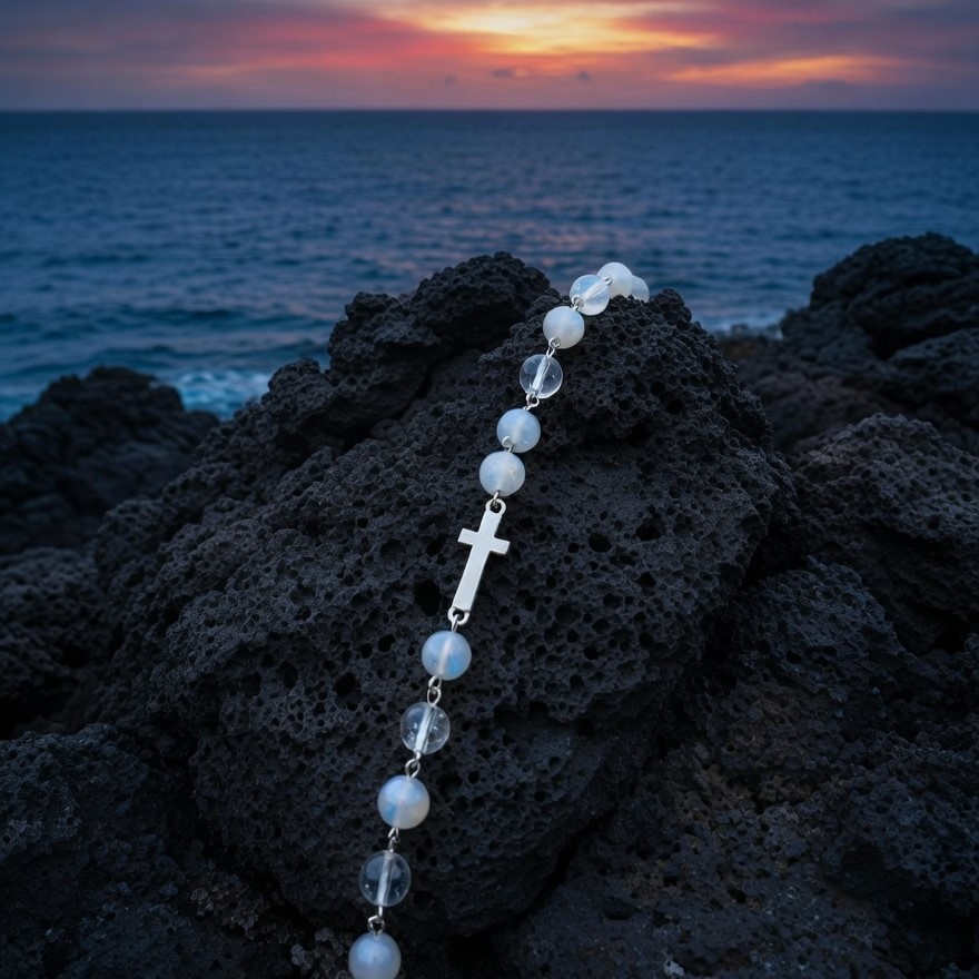 White Acrylic Rosary Bracelet with Crucifix, Spiritual Gift with affirmation card