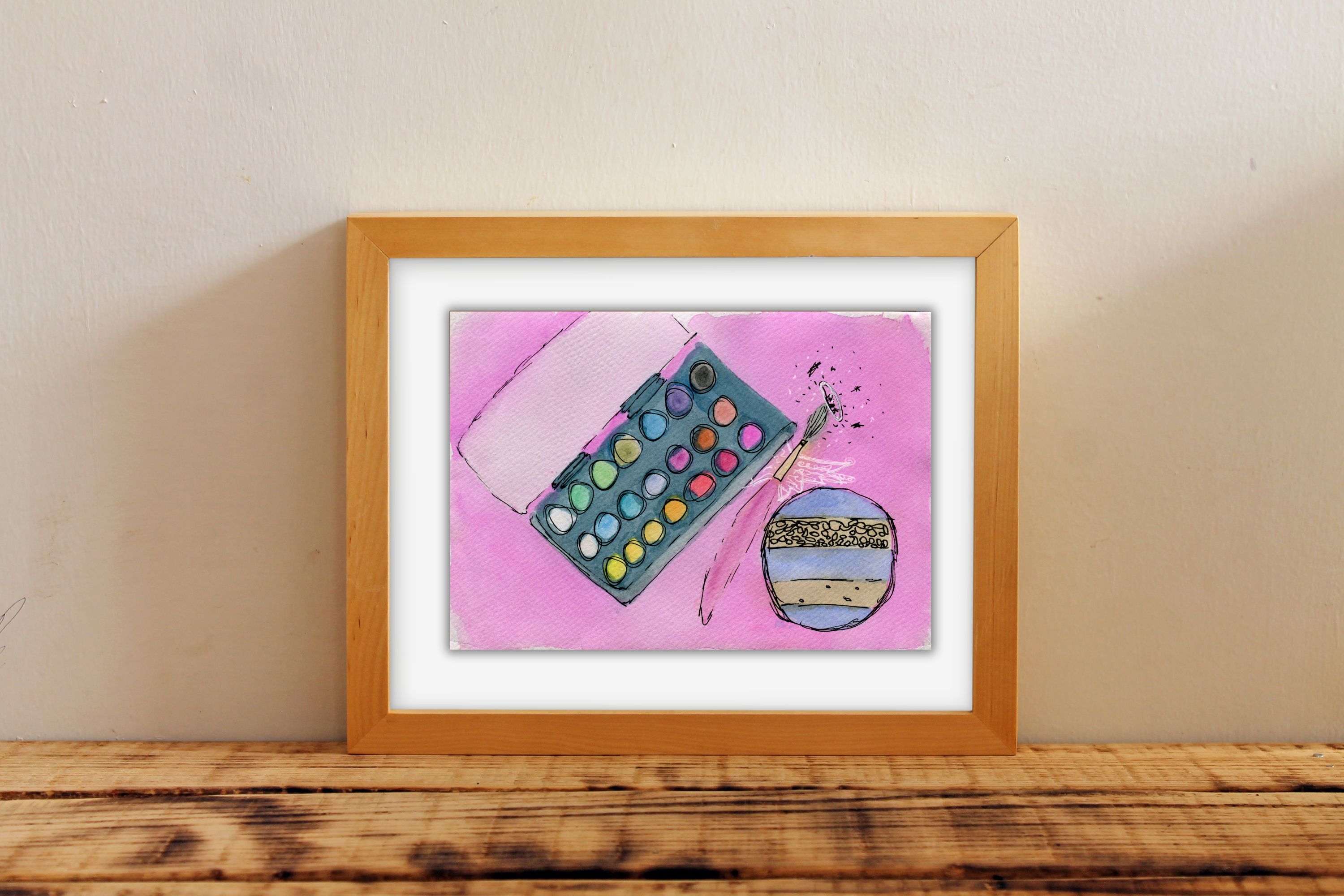 Pink Christmas Art Print: Watercolor Paint Set & Ornament