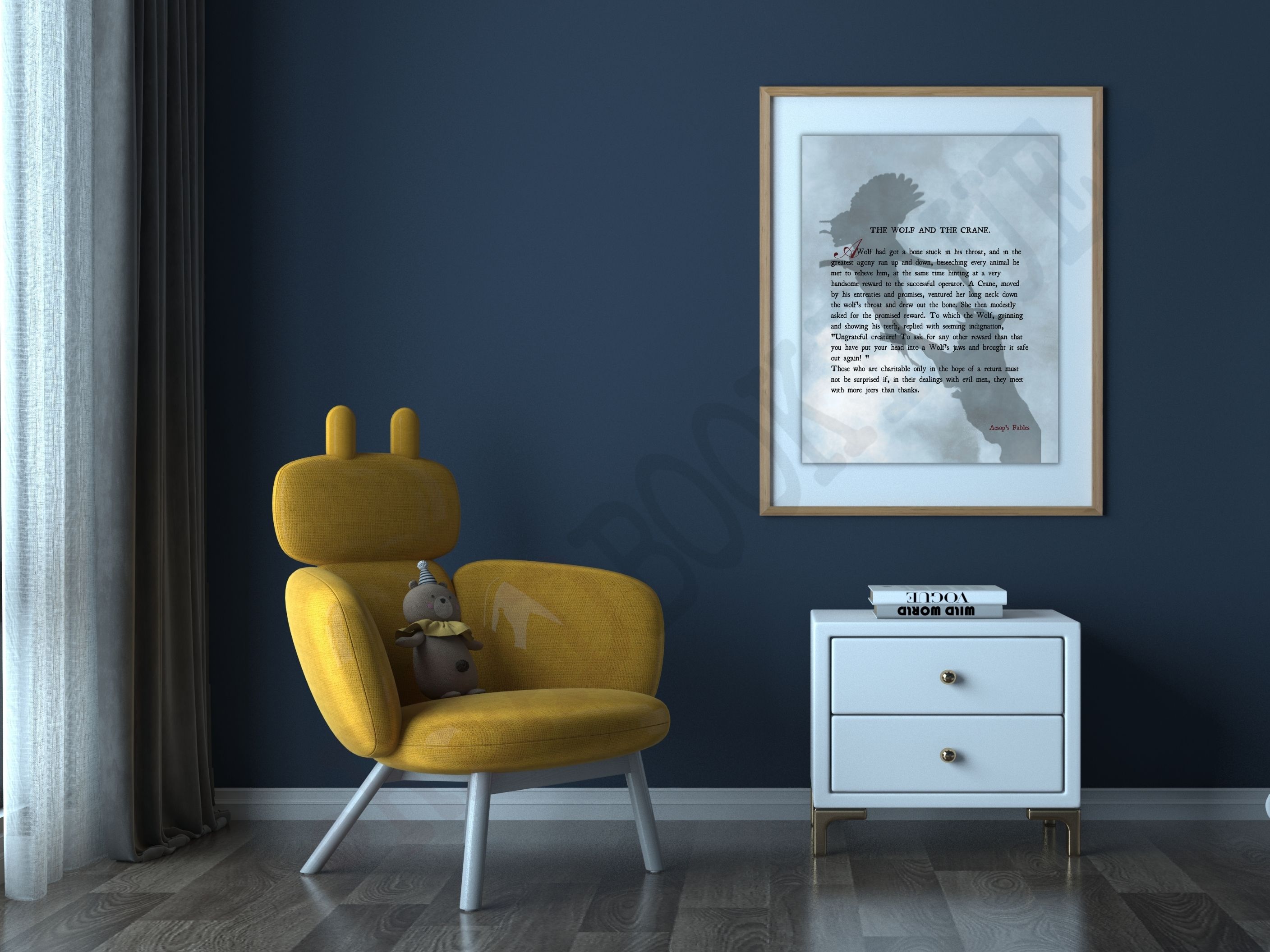 Aesop's Fables Wall Art Print - The Wolf and the Crane - Vintage Style Moral Story Inspirational Poster