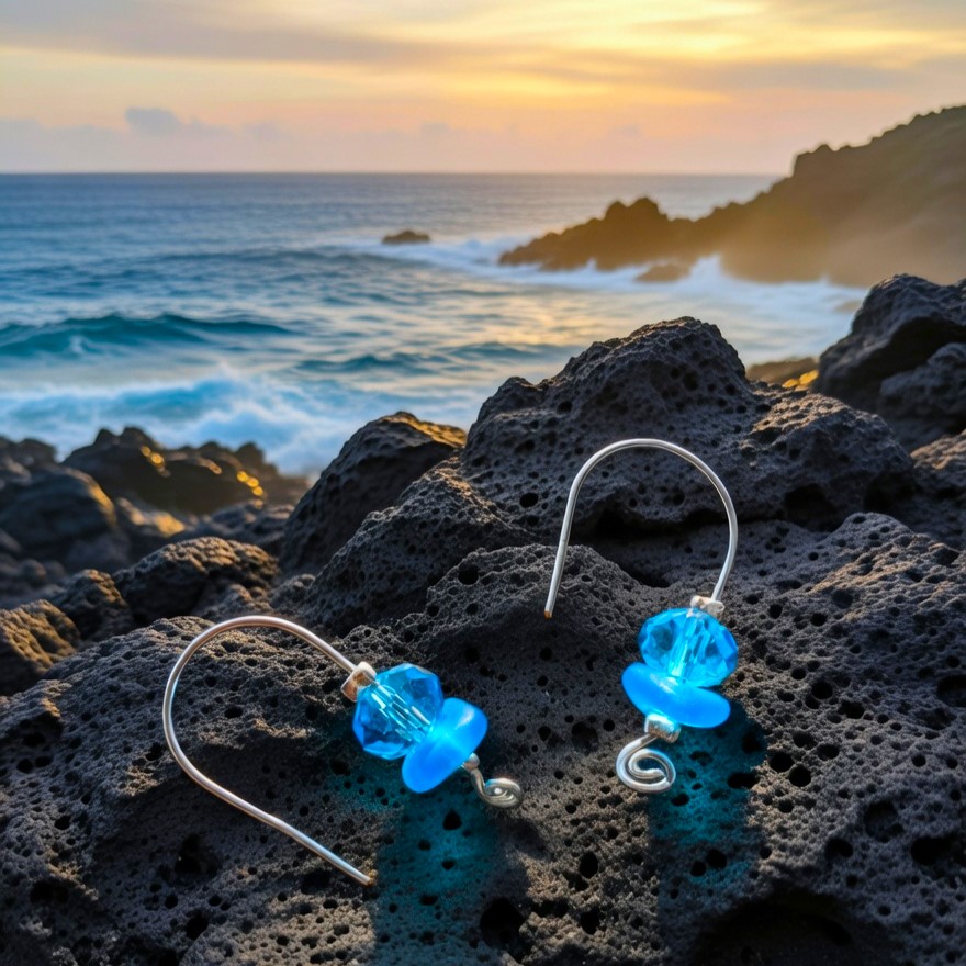 blue crystal and sea glass beaded drop earrings