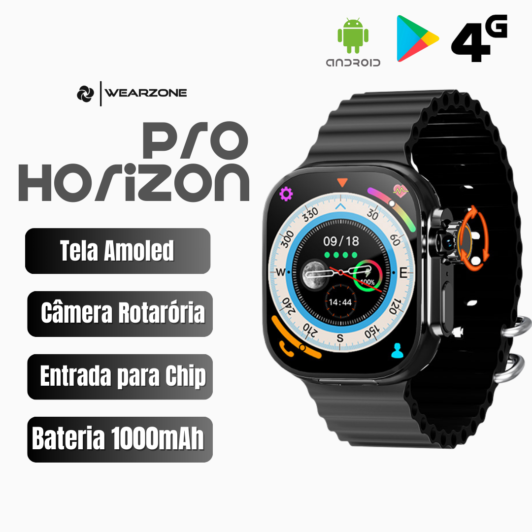 Smartwatch Horizon Pro 4G/5G: Celular de Pulso com Tela AMOLED, Câmera Rotatória e Desbloqueio Facial