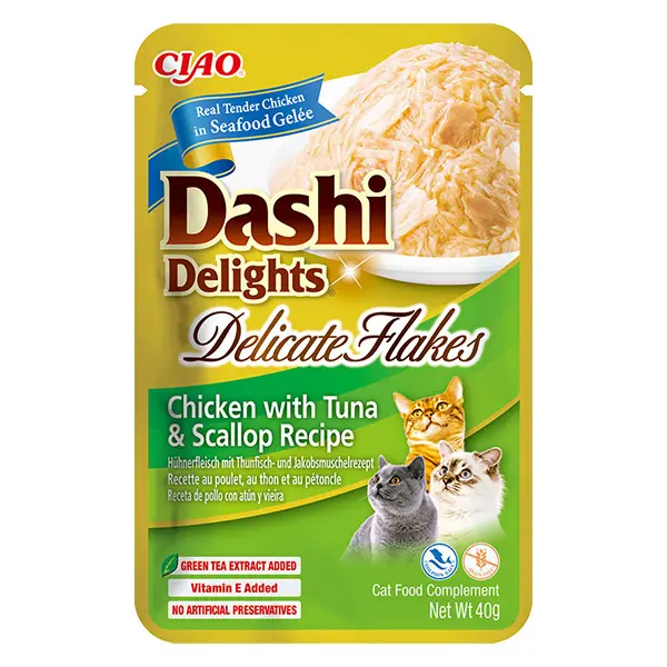 CIAO Dashi delight vištienos dribsniai su tunu ir šukutėmis 40g