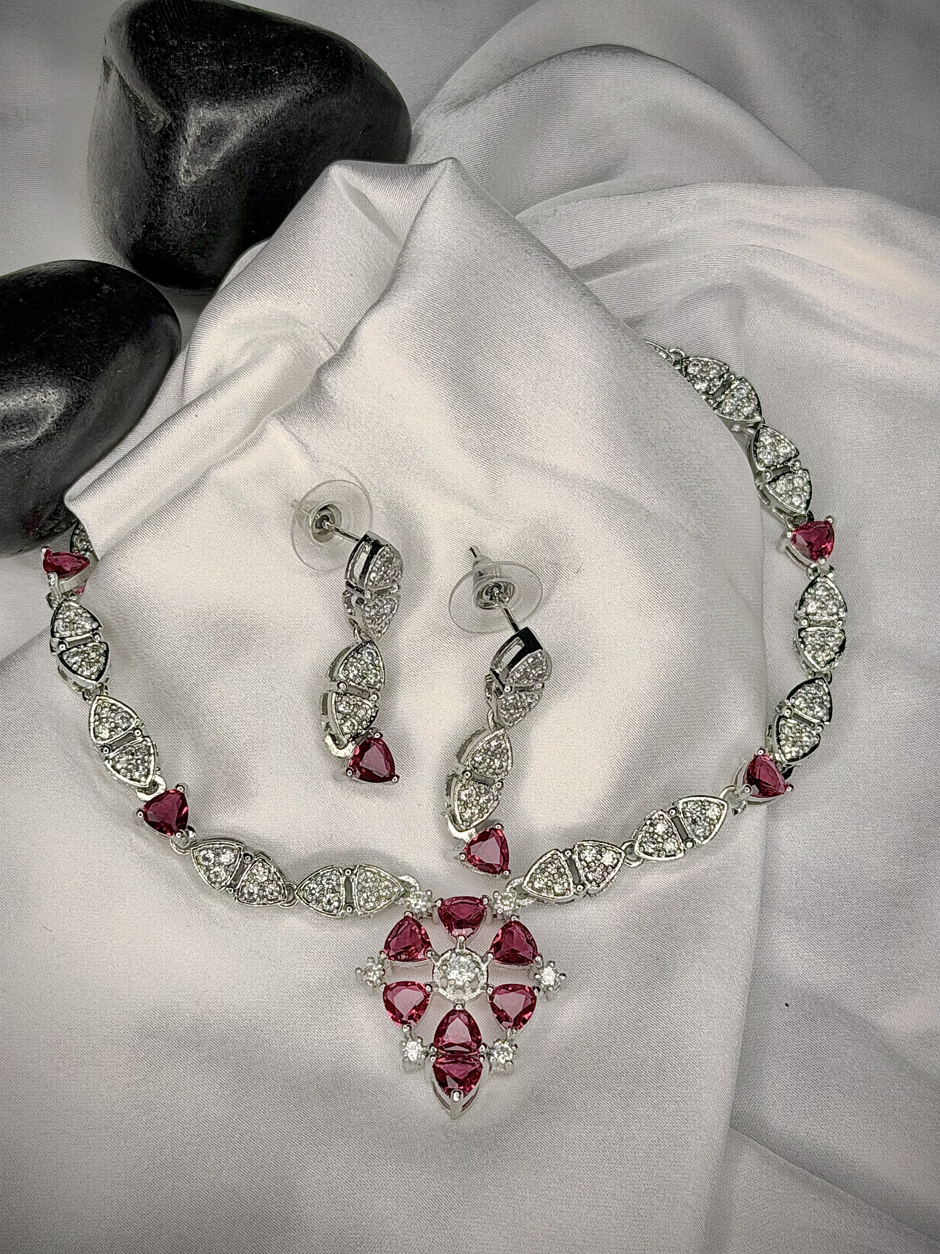 Ruby American Diamond Necklace Set with Flower Drop