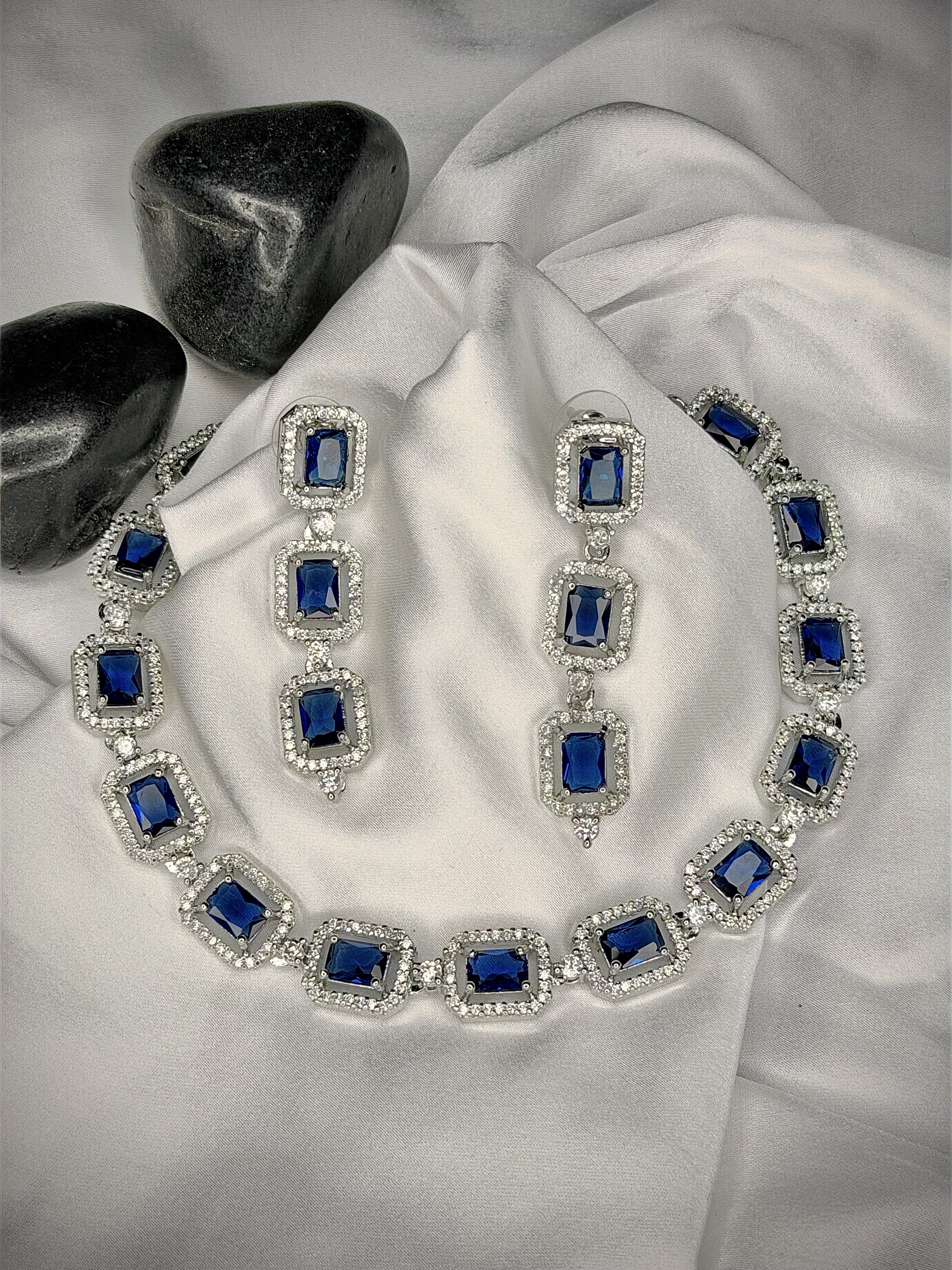 Blue Stone AD Necklace & Three layer Earring Set