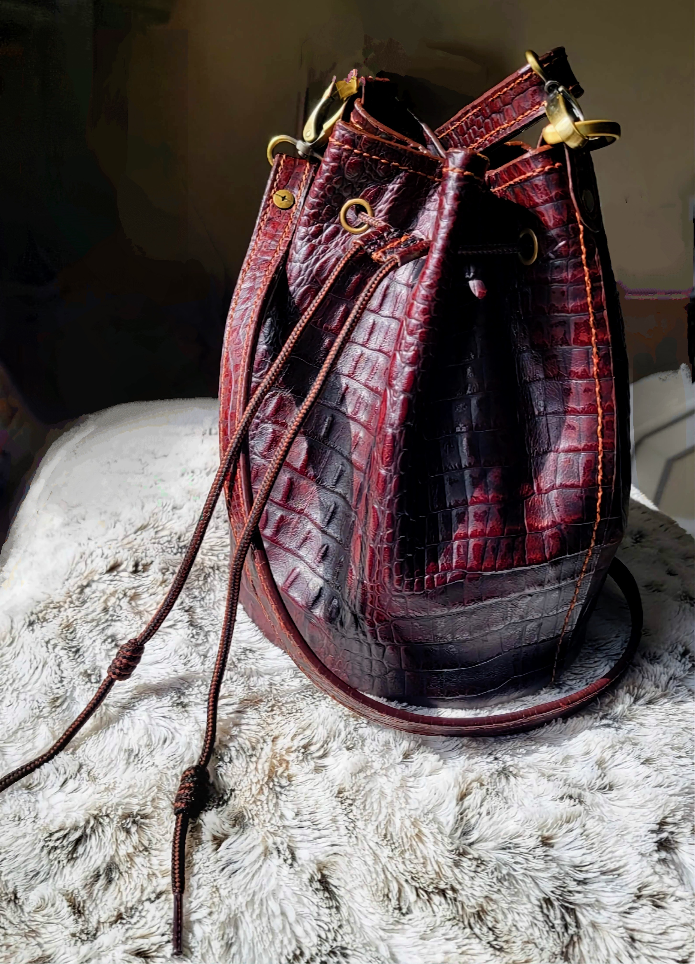 -Embossed Hand Stitched Leather Bucket Bag