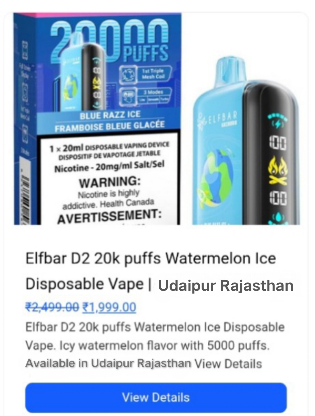 Elfbar D2 20k Puffs Watermelon Ice Disposable Vape