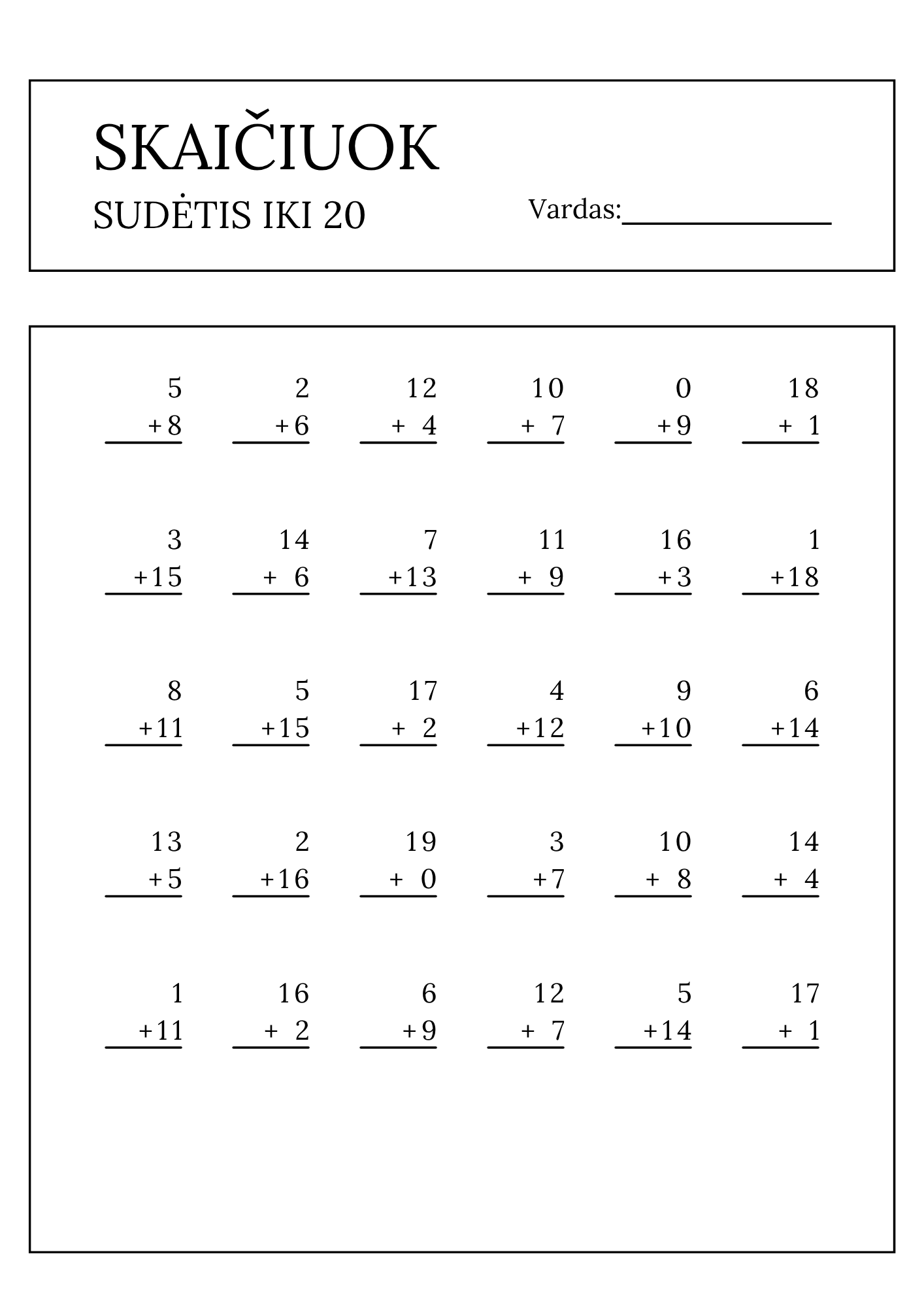 Skaičiuok. Sudėtis iki 20