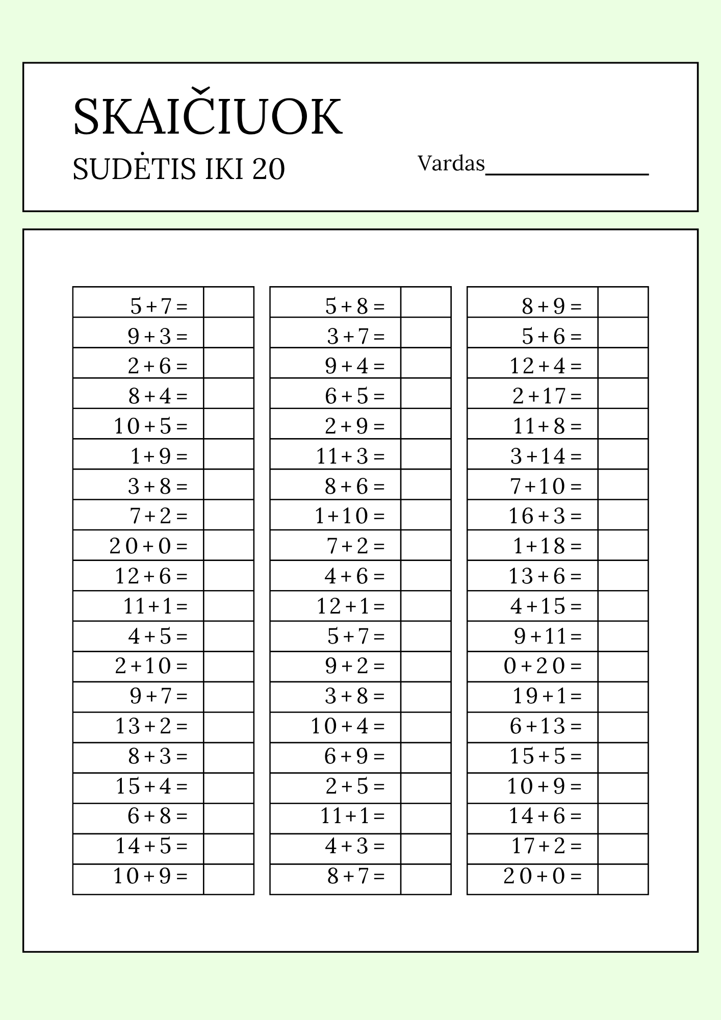 Skaičiuok. Sudėtis iki 20
