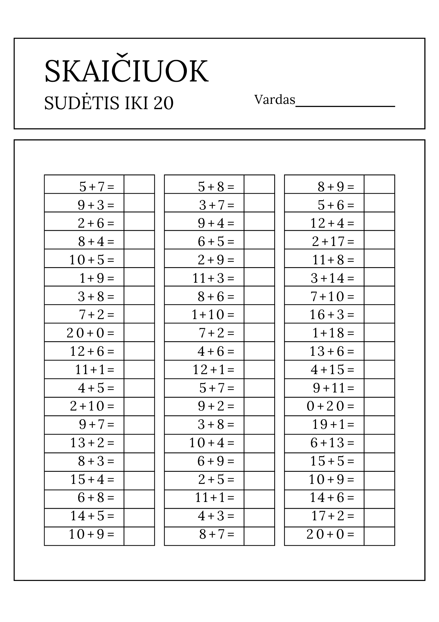 Skaičiuok. Sudėtis iki 20