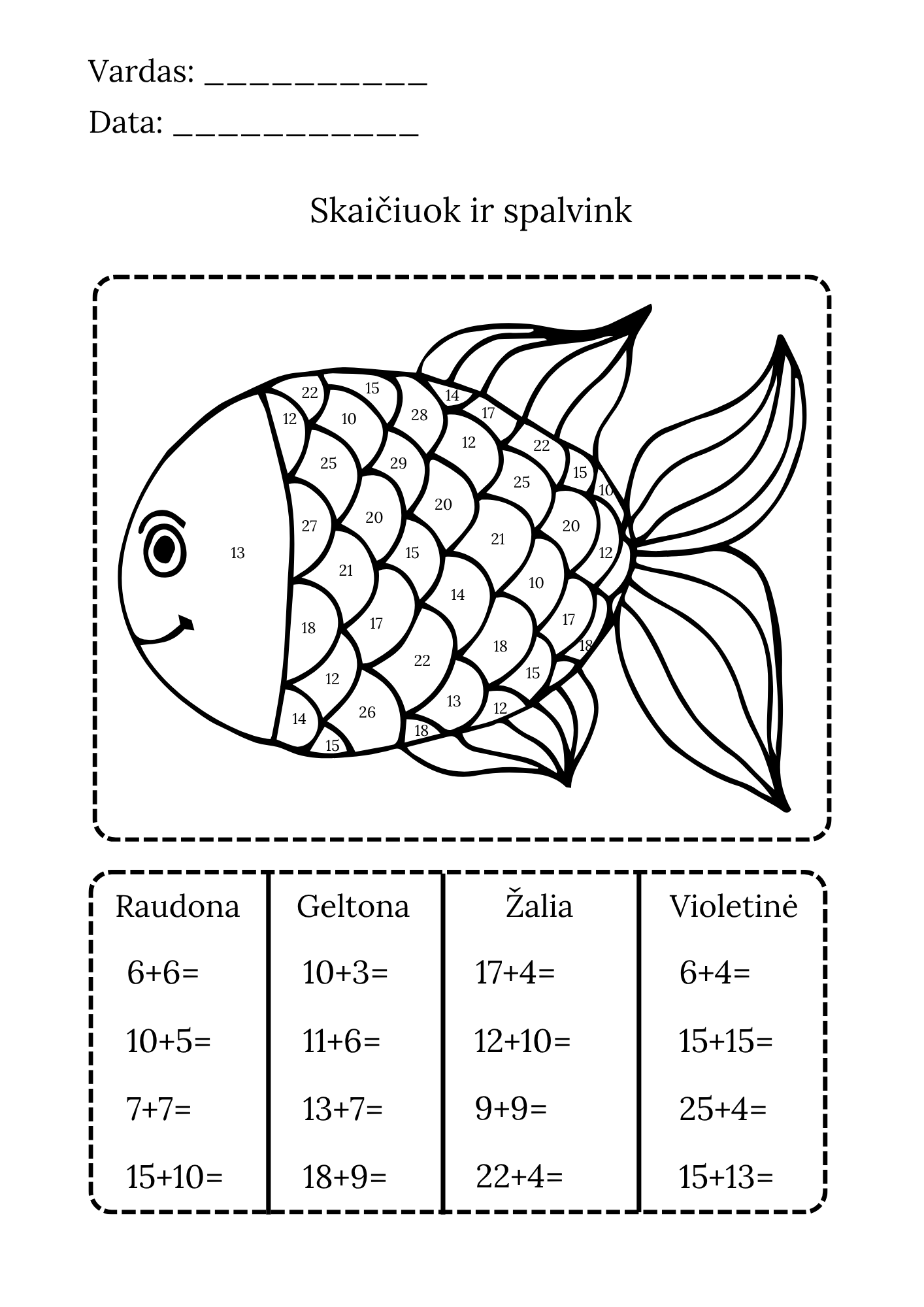 Skaičiuok ir spalvink. Žuvelė