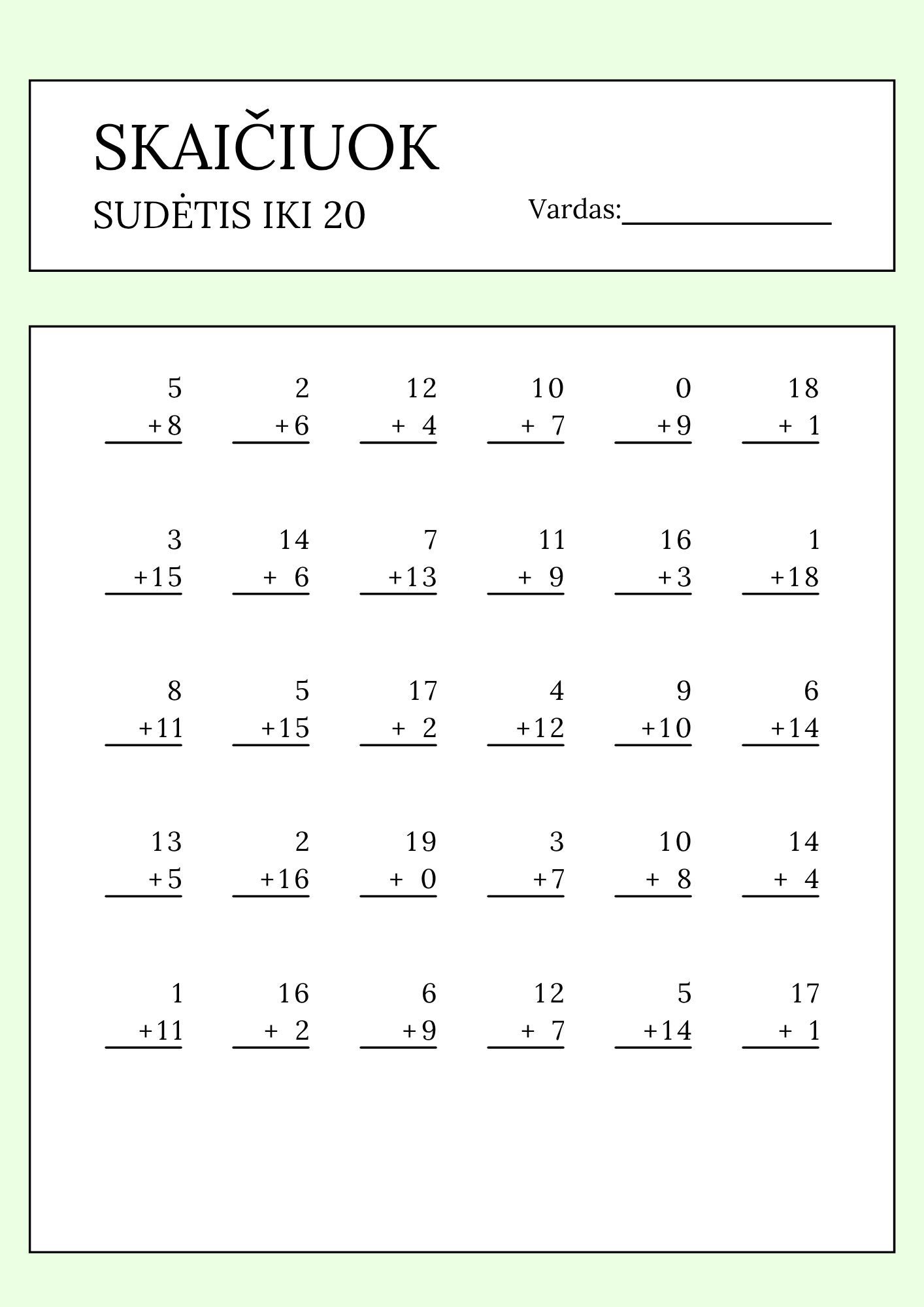Skaičiuok. Sudėtis iki 20