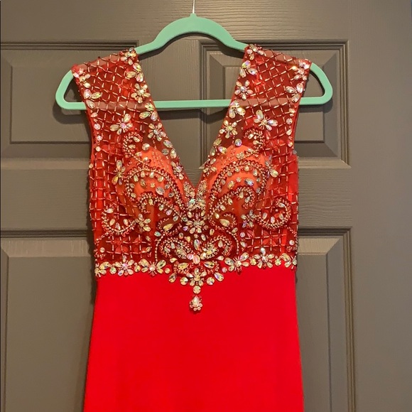 Red Embellished Evening Gown