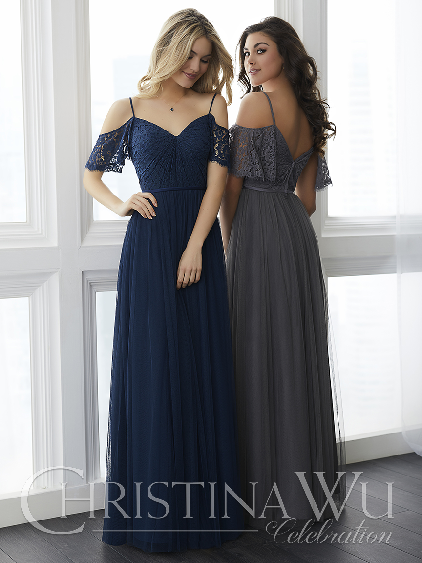 Dusty Blue Off-Shoulder Lace Gown